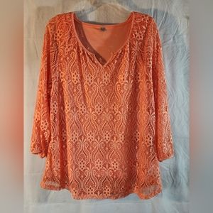 Valerie Stevens Shirt, Coral, Cami and Lace Overlay, Size XL